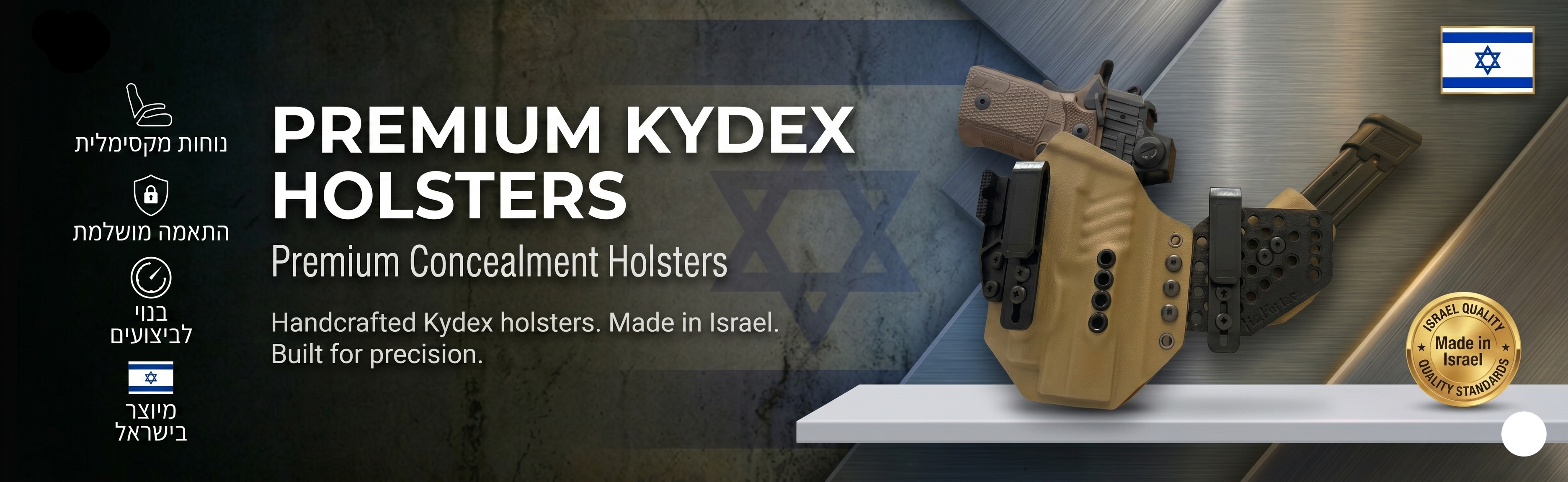 Advertisement for premium Kydex holsters with a gun displayed on a shelf, featuring branding and text about product quality.